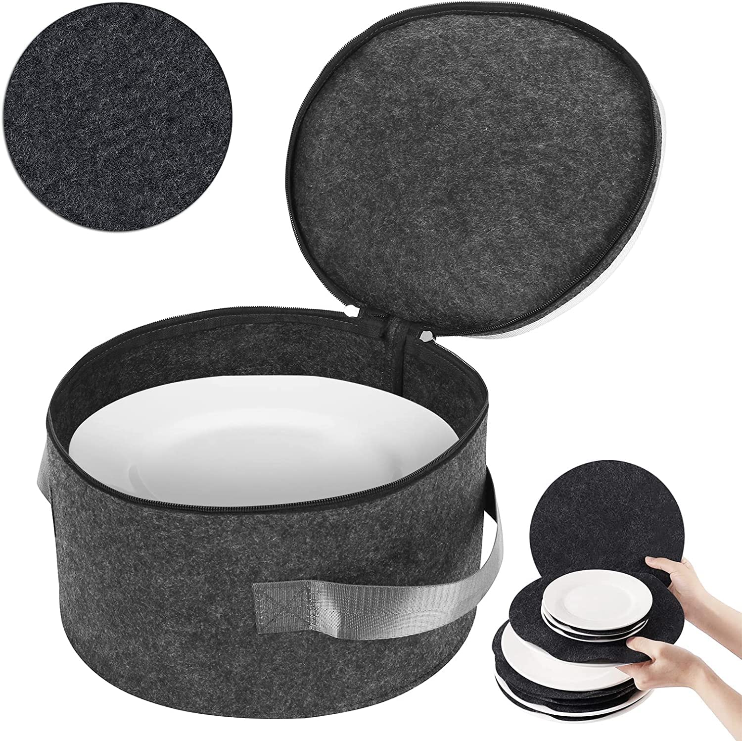 Greensheep Plate Storage Case With 12 Thick Felt Dividers For Storing And Organizing Dinnerware Dishes, Dark Grey